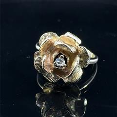 14K Yellow Gold Rose Flower Ring .01ct Single Cut Diamond Size 4.5 4.0g